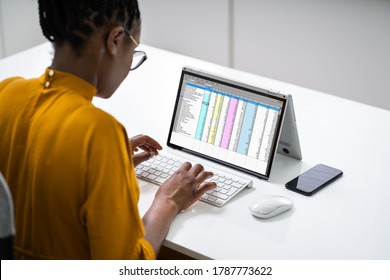 Woman Employee Analyst Working With Spreadsheet Software