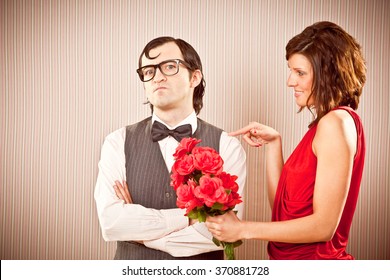 Woman Engagement Love Proposal To Nerd Boyfriend Man With Roses For Valentine Day