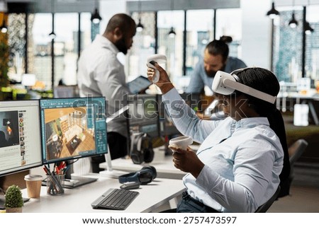 Woman engineer developing architectural layout with VR gadgets, designing layout in cyberspace using modern CAD software. Employee creates 3D modeling assets, interior design renderings.