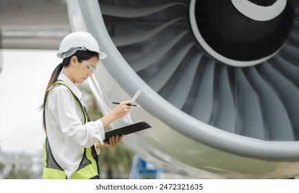 Woman engineer in white hardhat standing and holding tablet working aircraft maintenance mechanics moving through hangar. - Powered by Shutterstock