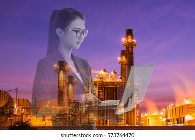 Woman Engineer Working New Project With Notebook In Power Plant