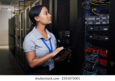 Woman, engineering tablet and server room, data center inspection or system solution for cybersecurity coding. IT person on digital technology, cables check and business power or programming hardware - Shutterstock ID 2351072001