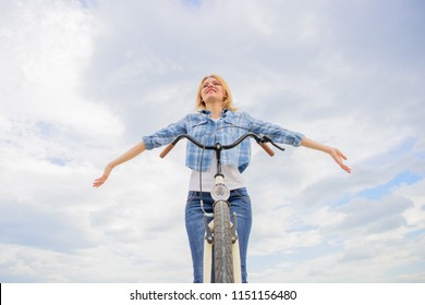 Woman Enjoy Freedom While Riding. Bicycling Hobby And Best Way To Relax And Reduce Stress. Girl Relaxed And Free Sit On Bike. Top Mental Benefits Of Cycling. Everyday Bicycling Make You Happier.