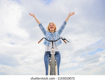 Woman Enjoy Freedom While Riding. Everyday Bicycling Make You Happier. Bicycling Hobby And Best Way To Relax And Reduce Stress. Girl Relaxed And Free Sit On Bike. Top Mental Benefits Of Cycling.