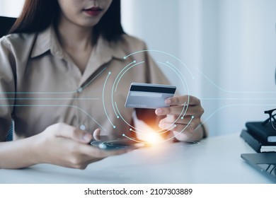 Woman Enjoy With Online Shopping Application And Typing Credit Card For Fill Number To Payment With Virtual Digital Asset And Metaverse.