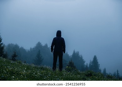 Woman enjoy the rainy forest in summer high altitude mountains - Powered by Shutterstock