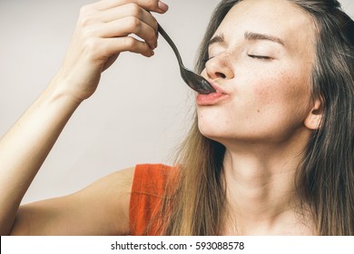 Woman Enjoy Tasty Food,full Mouth