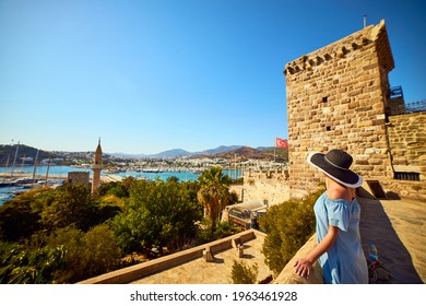 Woman Enjoying The Amazing View From Bodrum Castle. Summer Holiday In Turkey