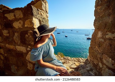 Woman Enjoying The Amazing View From Bodrum Castle. Summer Holiday In Turkey