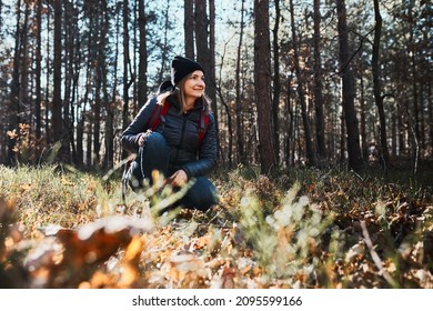 Woman enjoying hike on sunny vacation day. Female with backpack walking through forest path. Spending summer vacation close to nature - Shutterstock ID 2095599166