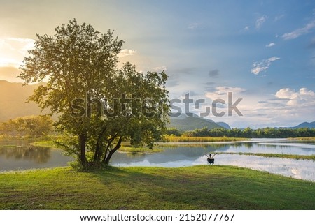 woman enjoying landscape sitting on bench at lake waiting for sunrise alone with nature and relax. Traveling and camping concept. Camping tent in forest near lake with grassland and blue sky.