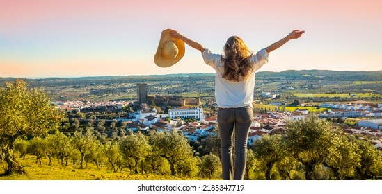 woman enjoying panoramic view of Alentejo region- Portugal,  Portel - Shutterstock ID 2185347719