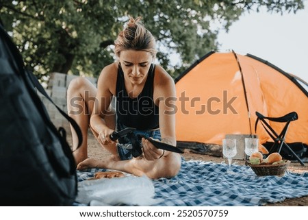 Similar – Image, Stock Photo Woman taking photo to friend in breakfast