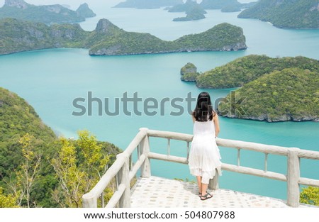 Woman enjoying stunning view at the National Marine Park in Thailand