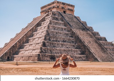 A Woman Enjoying Travel Tourism At Chichen Itza, Mayan Riviera, Mexico