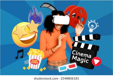 Woman enjoying virtual reality with VR headset. Smiling woman, VR headset, cinema icons. Diverse woman, VR experience, cinema magic, entertainment. Modern 3D graphic collage for cinema magic. - Powered by Shutterstock