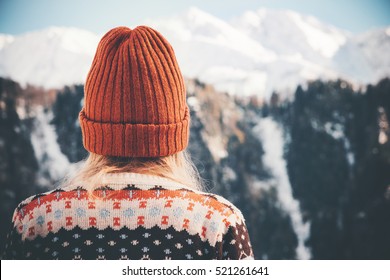 Woman Enjoying Winter Mountains Wearing Cozy Sweater And Hat Travel Lifestyle Adventure Concept Vacations Into The Wild