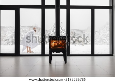 Woman enjoys winter time playing with dogs near house with cozy burning fireplace. Concept of winter vacation and recreation in the snowy mountains
