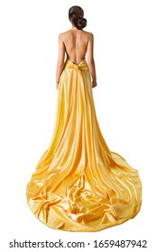 Woman Evening Dress Back Rear View, Elegant Fashion Model In Beautiful Gown With Long Train Tail