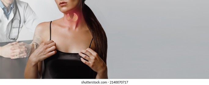 A woman examines the thyroid gland. A virtual thyroid gland is drawn in red on the neck. Medical ultrasound diagnosis of the thyroid gland in the background