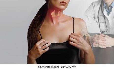 A woman examines the thyroid gland. A virtual thyroid gland is drawn in red on the neck. Medical ultrasound diagnosis of the thyroid gland in the background