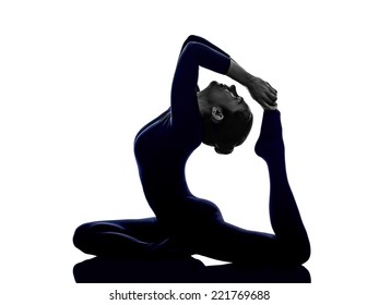 woman exercising Eka Pada Rajakapotasana One Legged King Pigeon pose yoga silhouette shadow white background