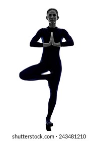 Woman Exercising Vrksasana Tree Pose Yoga Silhouette Shadow White Background