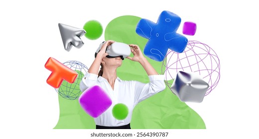 Woman experiencing VR technology using a headset, surrounded by vibrant abstract 3D shapes on a green and white background, concept of virtual reality - Powered by Shutterstock