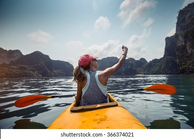 Young Lady Paddling Kayak Limestone Cave Stock Photo (Edit Now) 257188966