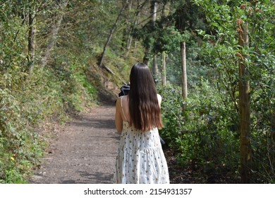 Woman exploring pathway in the forest, Tintern Abbey, Chepstow, Wales, UK.