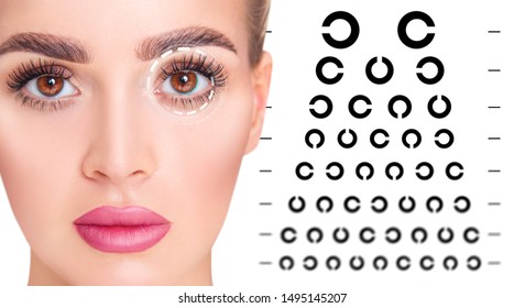 Woman And Eye Chart Closeup. Ophthalmologist Consultation. Isolated On White.