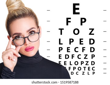 Woman And Eye Chart Closeup. Ophthalmologist Consultation. Isolated On White.