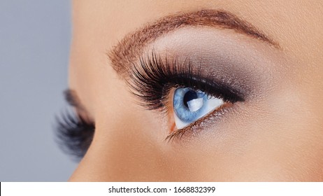 Woman eye with long eyelashes and smokey eyes make-up. Eyelash extensions, makeup, cosmetics, beauty. Close up