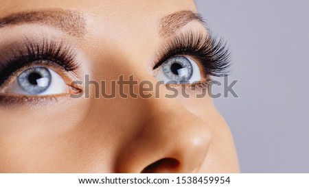 Woman eyes with long eyelashes and smokey eyes make-up. Eyelash extensions, makeup, cosmetics, beauty. Close up, macro