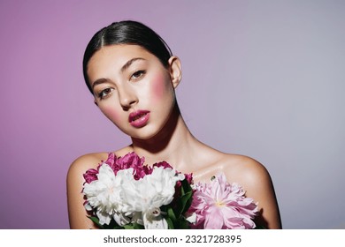 woman face beauty blush girl pink model make-up flower portrait head
