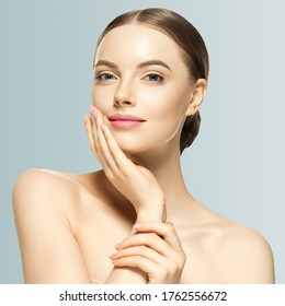 Woman face beauty hand touching face  healthy natural makeup  female gray background - Shutterstock ID 1762556672