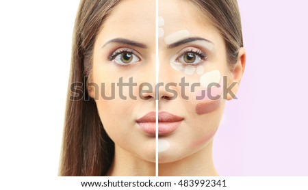 Woman face before and after professional makeup application. Facial contouring and blending makeup. Beauty concept