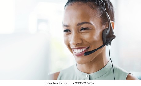 Woman, face and callcenter with headset and phone call, CRM and happy consultant, contact us and mockup space. Customer service, telemarketing and female agent on help desk, tech support and smile