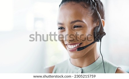 Woman, face and callcenter with headset and phone call, CRM and happy consultant, contact us and mockup space. Customer service, telemarketing and female agent on help desk, tech support and smile