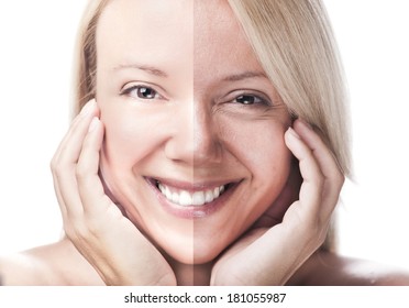 Woman Face Divided - Before Retouch And After Retouch 