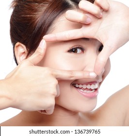 Woman Face And Eye Care And She Making Frame With Hands, Asian Woman