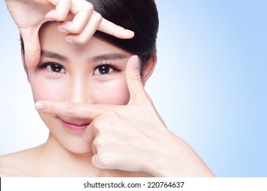 Woman Face And Eye Care And She Making Frame With Hands, Asian Beauty