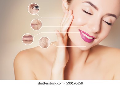 woman face with graphic circles with photo of old skin