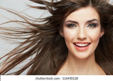 Woman Face With Hair Motion On White Background Isolated Close Up Portrait.