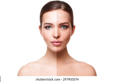 Woman Face With Half Tan Skin Over White Background