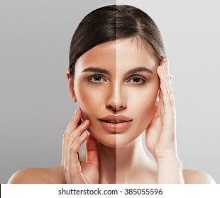 Woman face with half tan skin. Beautiful caucasian woman portrait on gray background