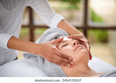 Woman, face and hands outdoor with massage for luxury skincare, wellness and relax. Facial care, masseuse and dermatology in spa with peace, salon aesthetic and cosmetic therapy for detox treatment - Powered by Shutterstock