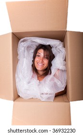 Woman Face Inside A Cardboard Box Smiling