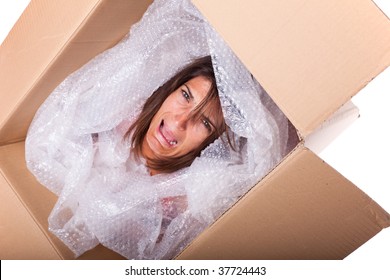 Woman Face Inside A Cardboard Box Screaming