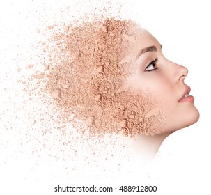 Woman Face Made From Crumbly Powder Isolated On White Background